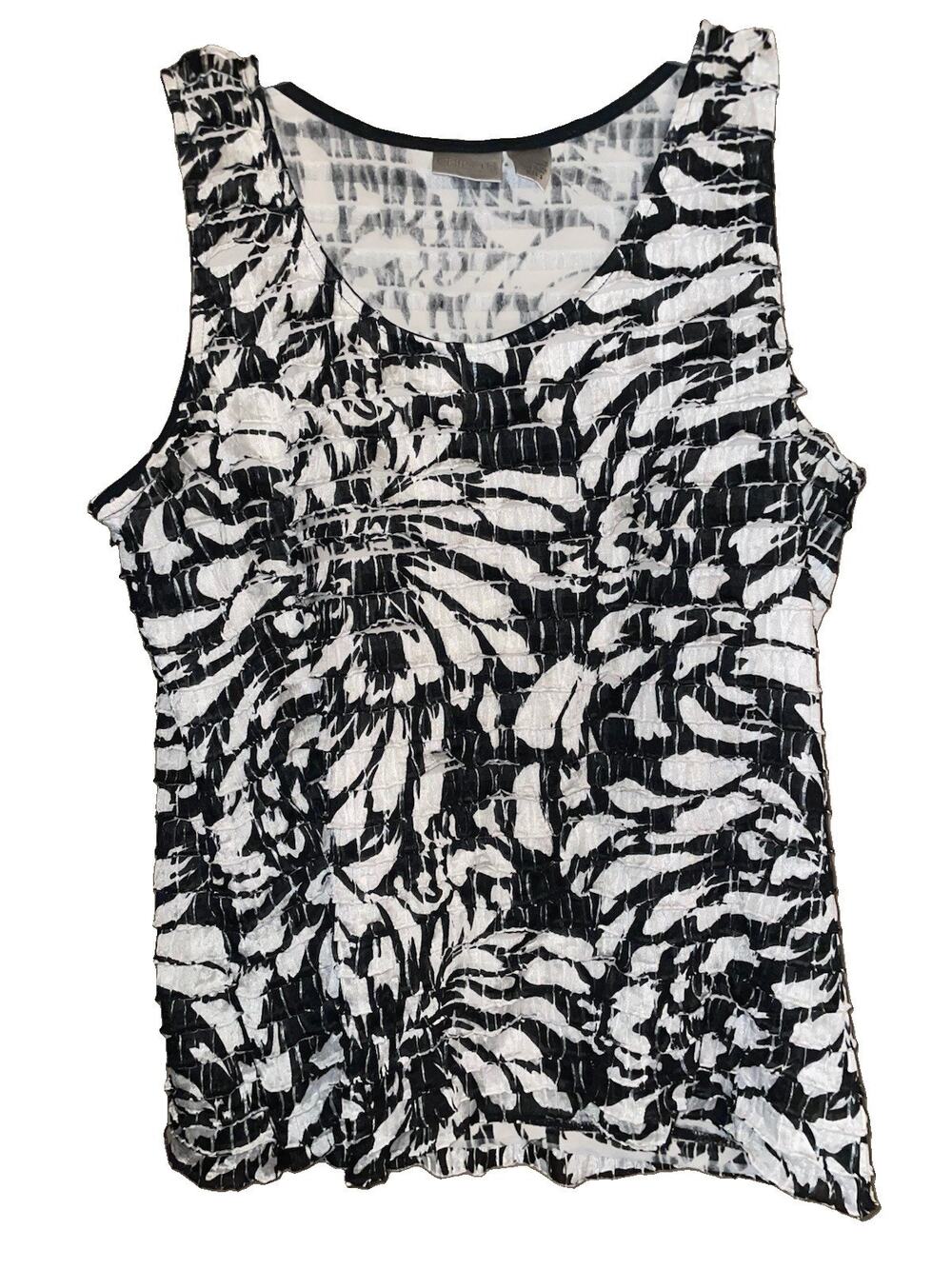 Chico's Size XL 12 Womens Ruffle Black White Floral Pattern Sleeveless Tank Top